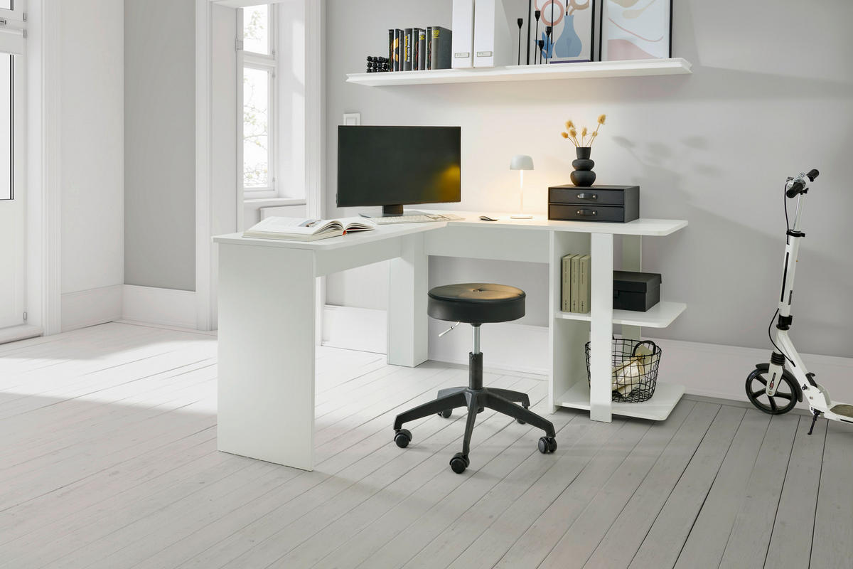 KOTNA PISALNA MIZA kovina, leseni material bela  - bela, Moderno, kovina/leseni material (140/75/140cm) - MID.YOU