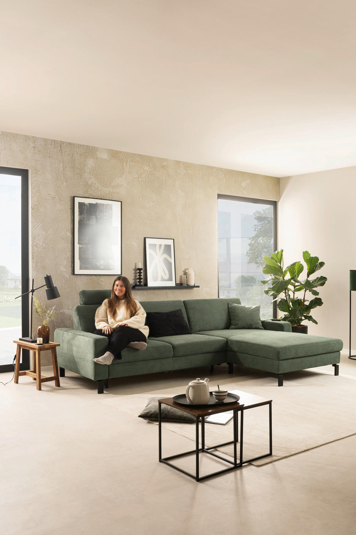 ECKSOFA in Cord Olivgrün  - Schwarz/Olivgrün, Design, Textil/Metall (298/185cm) - Pure Home Lifestyle