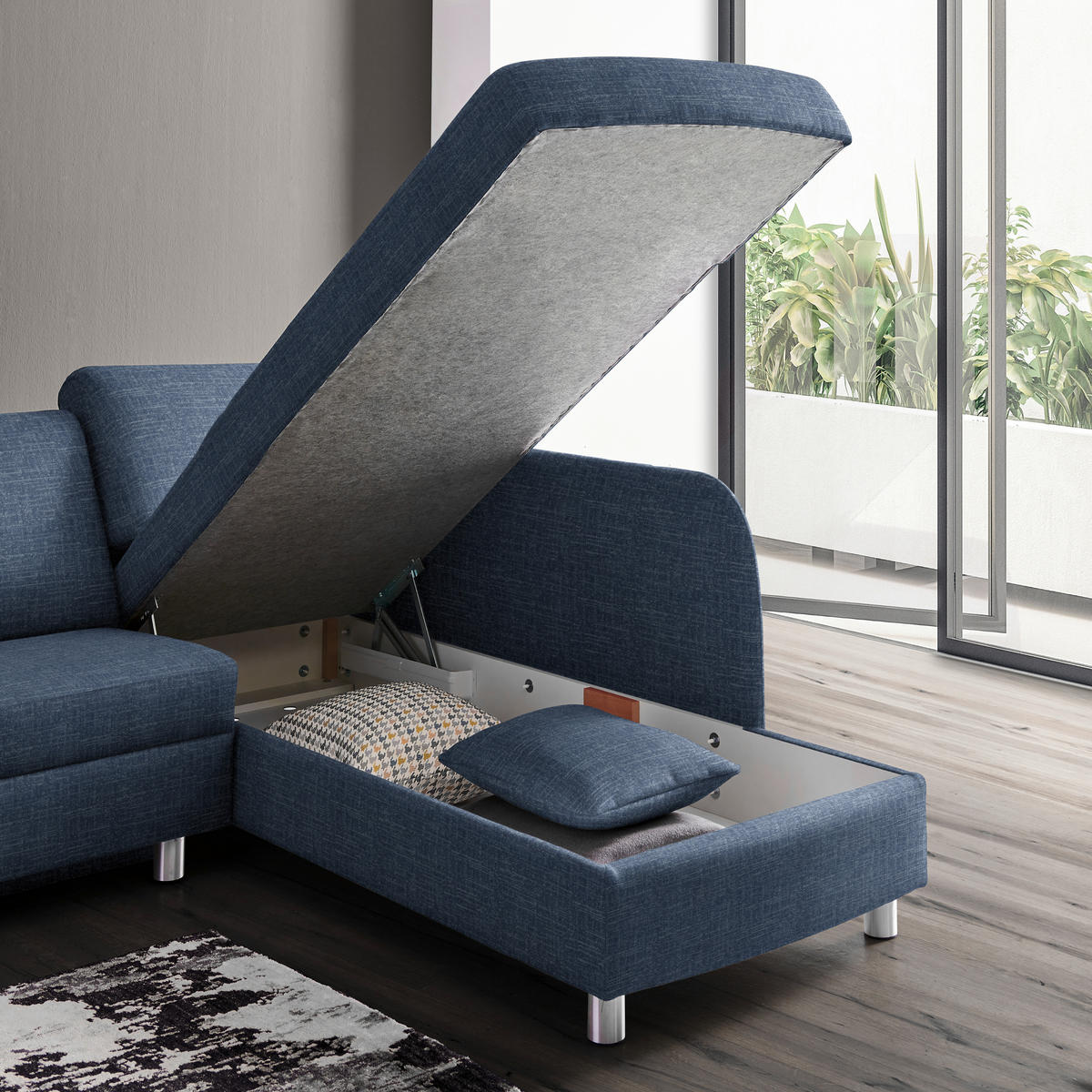 ECKSOFA in Chenille Blau  227/208 cm  - Blau/Alufarben, KONVENTIONELL, Textil/Metall (227/208cm) - Sedda