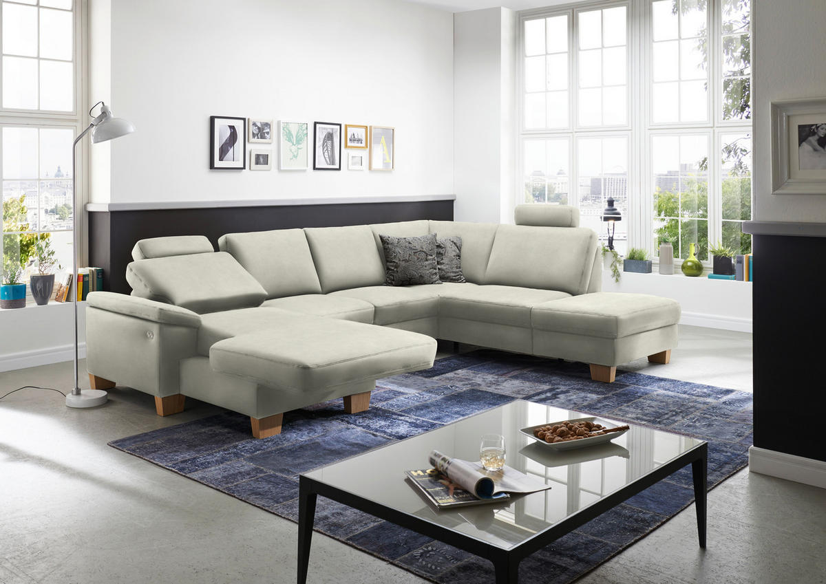WOHNLANDSCHAFT in Velours Ecru  - Ecru/Eichefarben, Konventionell, Holz/Textil (167/316/235cm) - Beldomo System