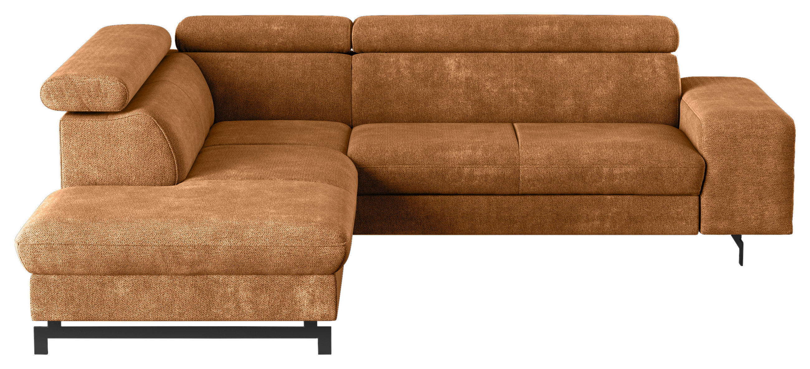 ECKSOFA Cognac Chenille Bettkasten, Schlaffunktion, Rücken echt, Kopfteilverstellung, Stauraum, Kopfstütze  - Cognac/Schwarz, Textil/Metall (215/262cm) - MID.YOU