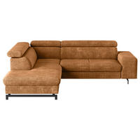ECKSOFA Cognac Chenille Bettkasten, Schlaffunktion, Rücken echt, Kopfteilverstellung, Stauraum, Kopfstütze  - Cognac/Schwarz, Textil/Metall (215/262cm) - MID.YOU