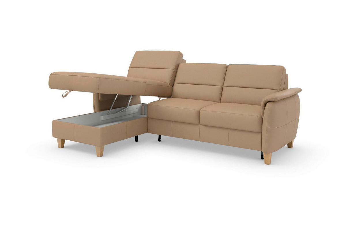 ECKSOFA PALMERA E Cappuccino Kombination Echtleder/Stoff Mikrofaser Bettkasten  - Eichefarben/Cappuccino, Basics, Leder/Holz (163/244cm) - Sit & More