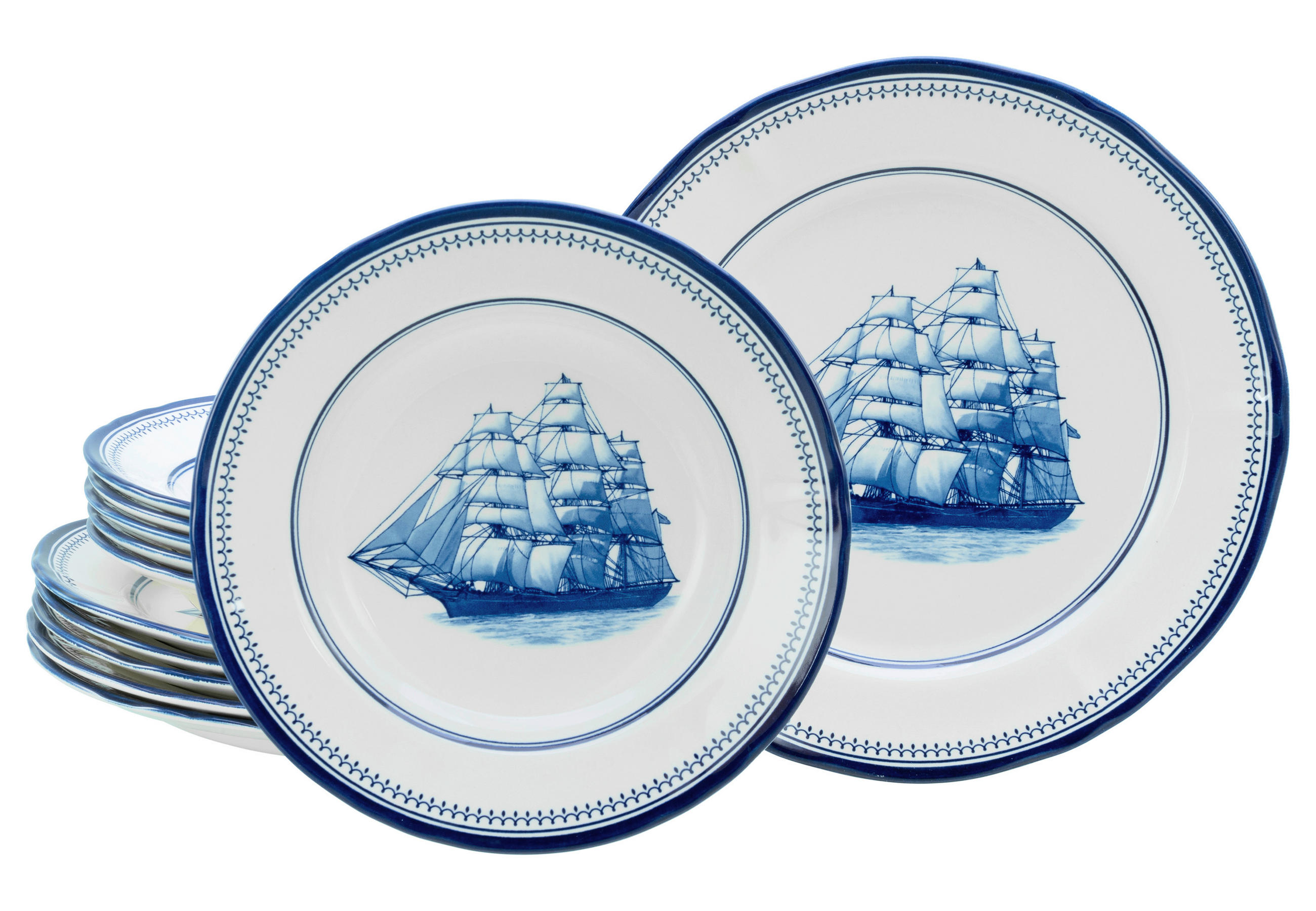 TAFELSERVICE Blau, Weiß Segelschiff blau 12-teilig  - Blau/Weiß, Basics, Keramik - Creatable