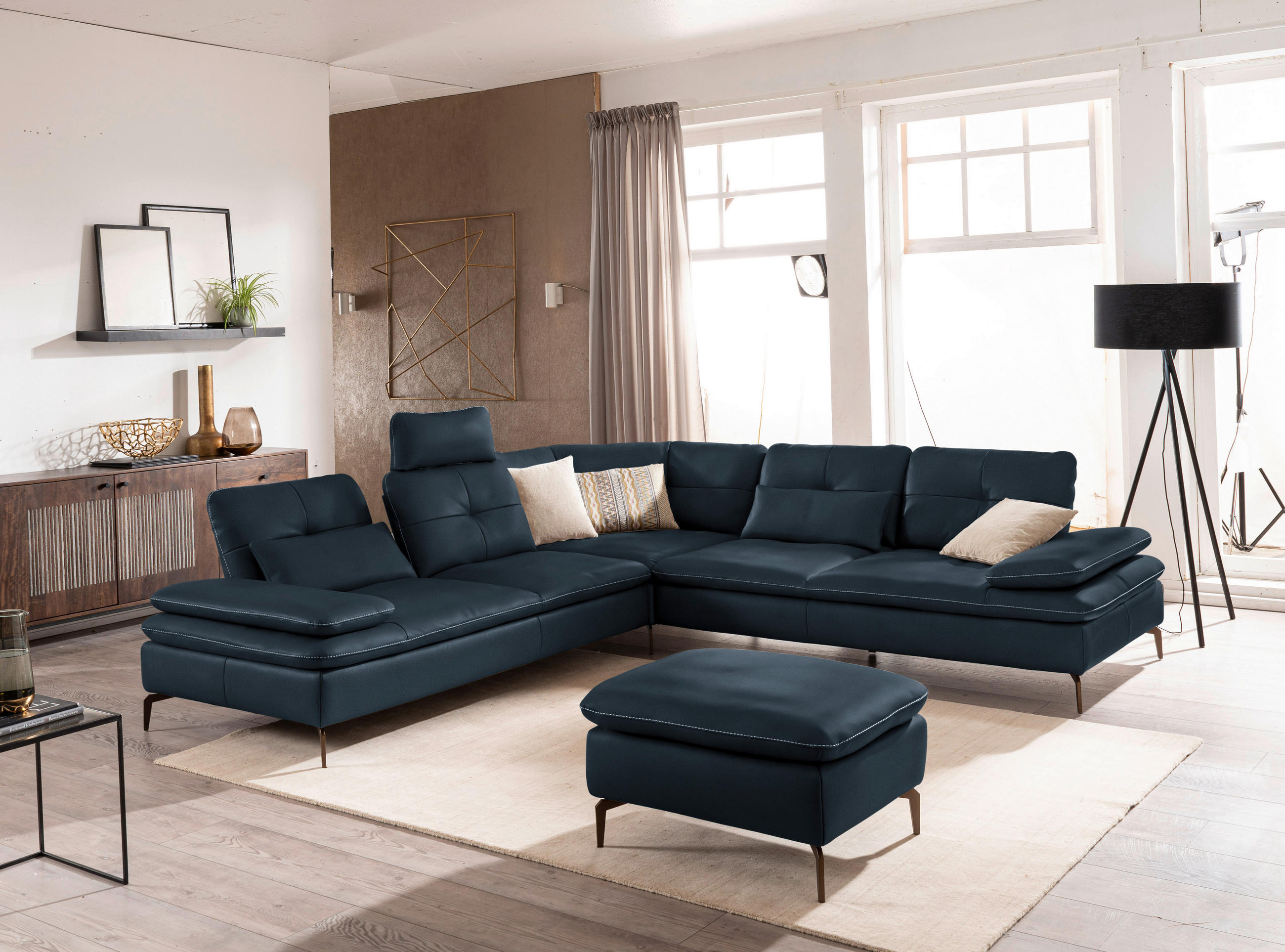 ECKSOFA in Echtleder Dunkelblau  - Bronzefarben/Dunkelblau, Design, Leder/Metall (298/298cm) - Chilliano