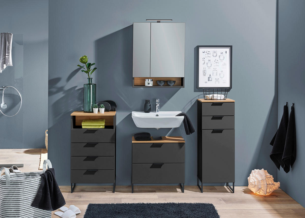 MIDISCHRANK 38/106/32 cm  - Eichefarben/Schwarz, KONVENTIONELL, Holzwerkstoff/Metall (38/106/32cm) - home24