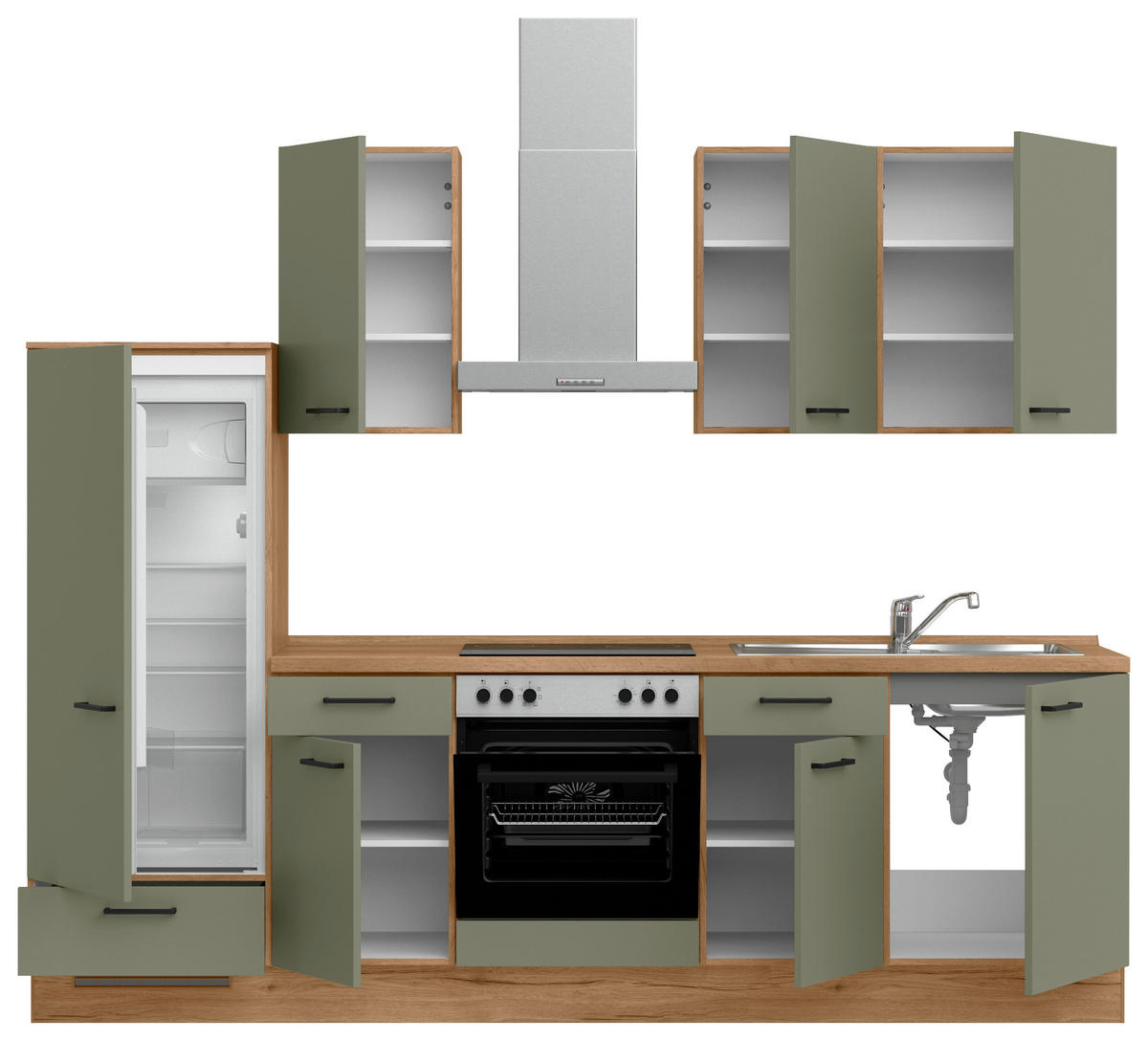 KÜCHENLEERBLOCK Senso 270 cm  in Eichefarben, Olivgrün  - Eichefarben/Schwarz, MODERN, Holzwerkstoff/Metall (270cm) - Nobilia