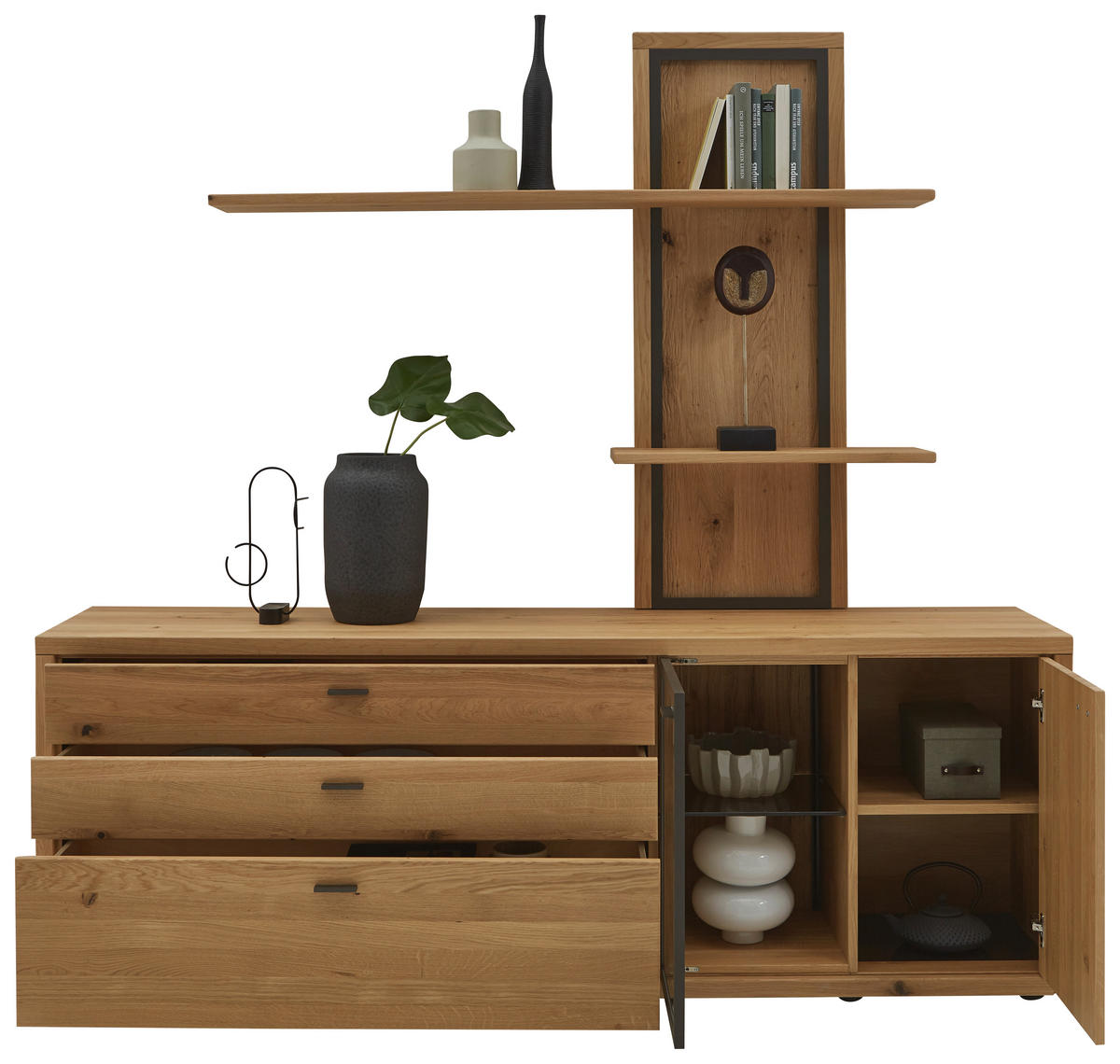 WOHNWAND  in Eichefarben 208/202/45 cm  - Dunkelgrau/Eichefarben, Design, Glas/Holz (208/202/45cm) - Valnatura