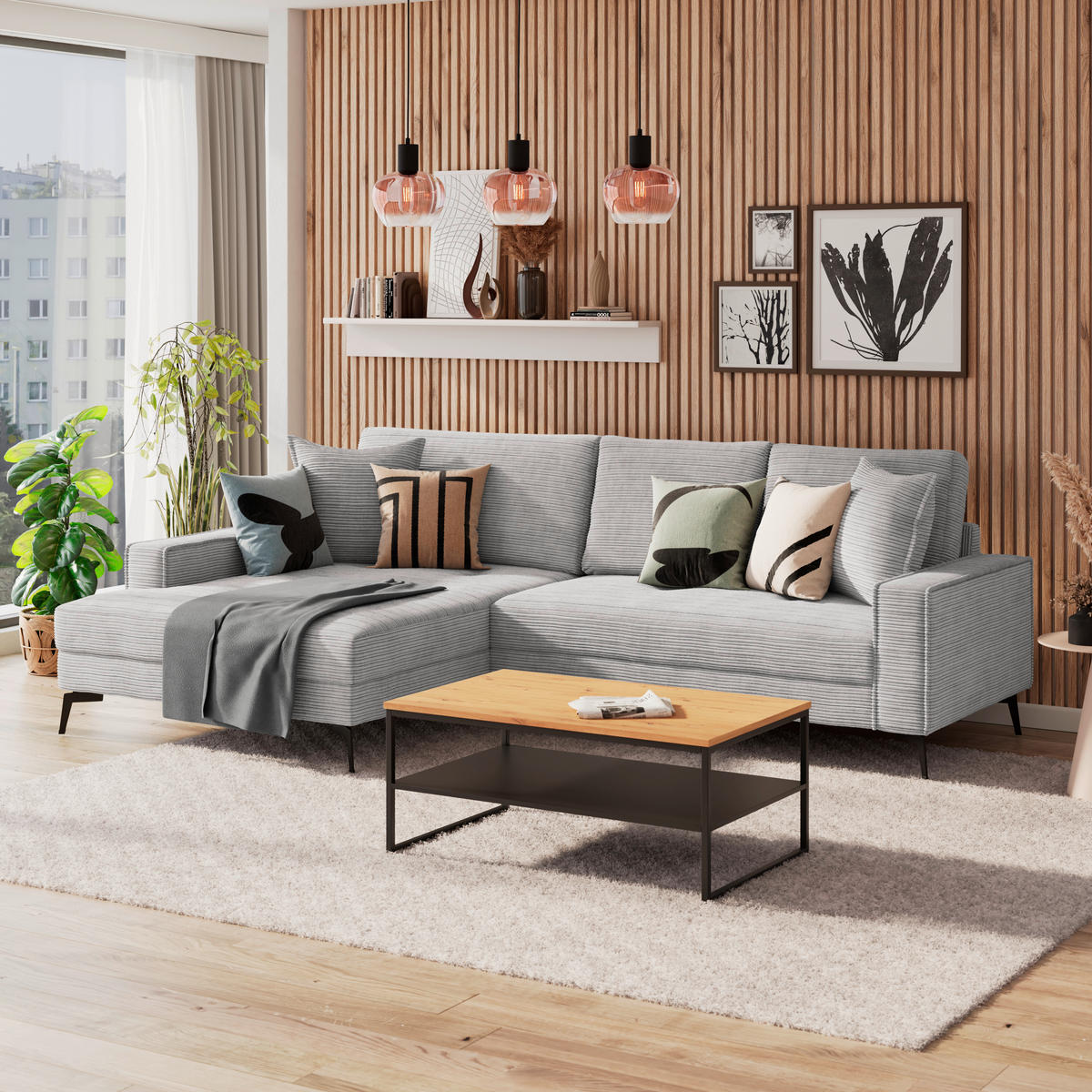 ECKSOFA ZERO Hellgrau Cord Zierkissen, Rückenkissen  - Hellgrau/Schwarz, Trend, Textil/Metall (173/286cm) - Livetastic