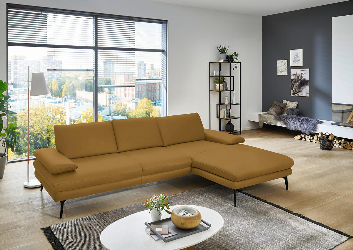 ECKSOFA in Echtleder Currygelb  310/180 cm  - Currygelb/Schwarz, Design, Leder/Metall (310/180cm) - Dieter Knoll