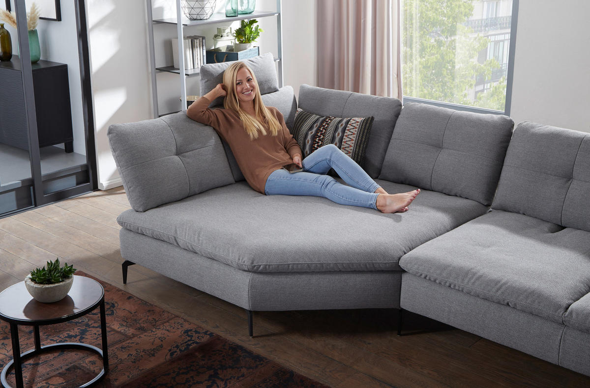 ECKSOFA Hellgrau Flachgewebe  - Hellgrau/Schwarz, Design, Textil/Metall (159/344cm) - Chilliano
