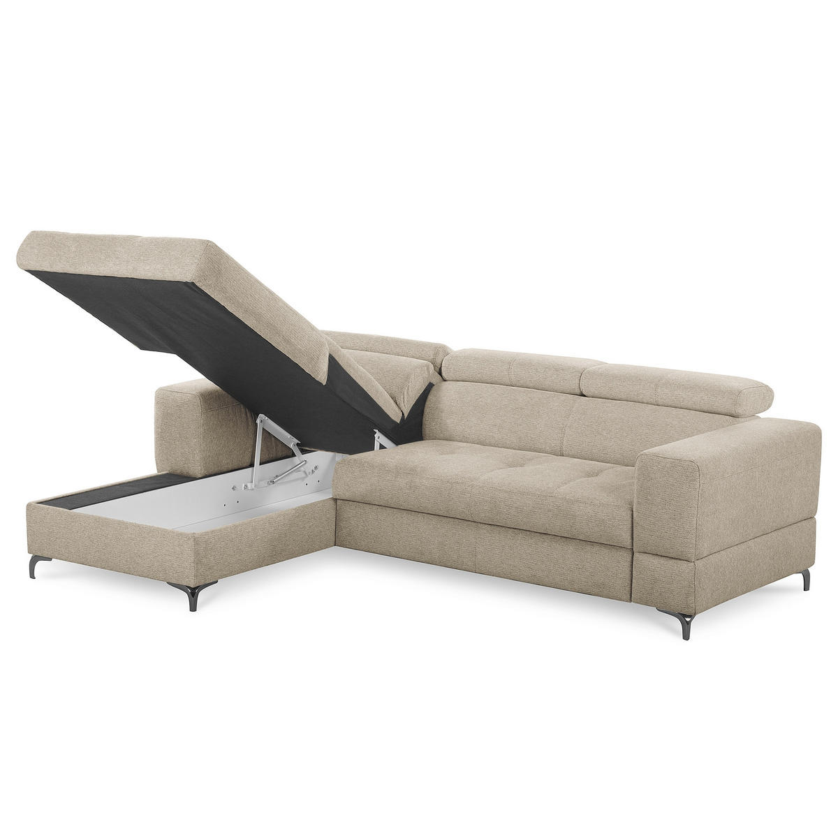 ECKSOFA TORINO Taupe Chenille Bettkasten, Kopfteilverstellung  - Taupe/Schwarzchrom, Design, Textil/Metall (173/247cm) - Livetastic
