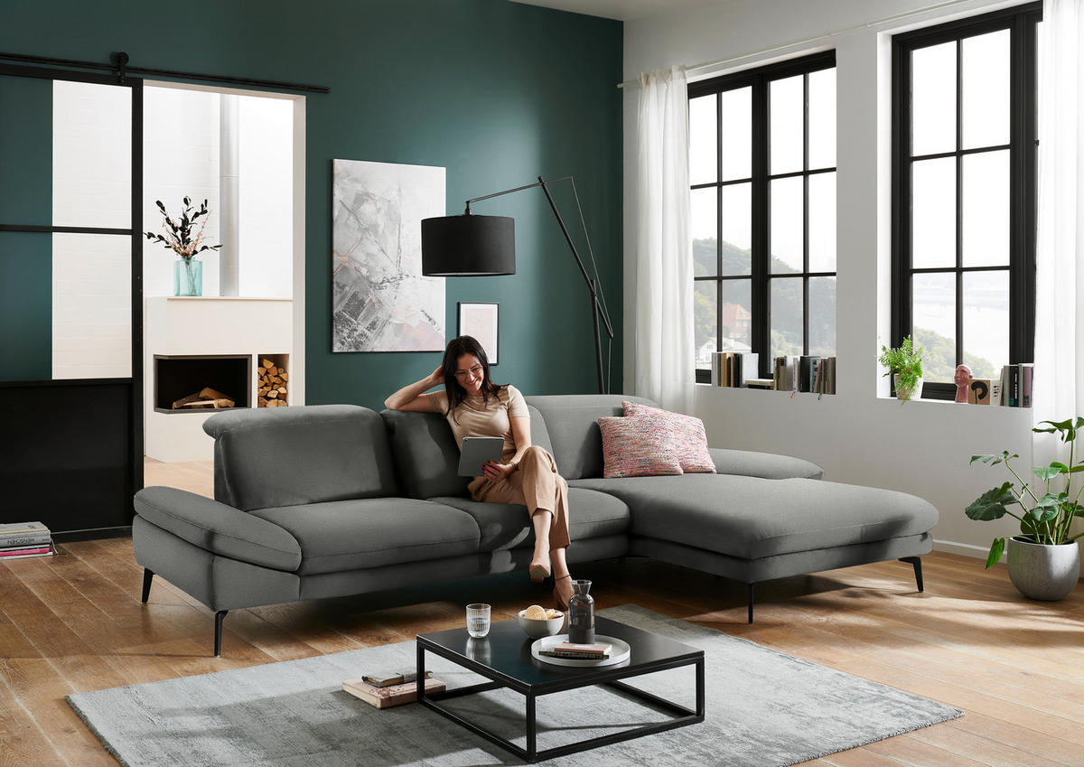 ECKSOFA in Chenille Grau  - Schwarz/Grau, Design, Textil/Metall (319/188cm) - Beldomo System