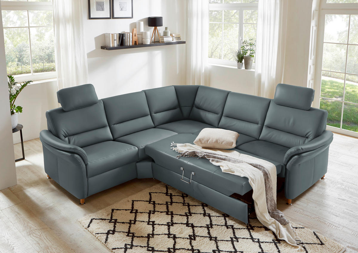 ECKSOFA Echtleder Blaugrau  - Eichefarben/Beige, Konventionell, Leder/Holz (262/262cm) - Beldomo Premium