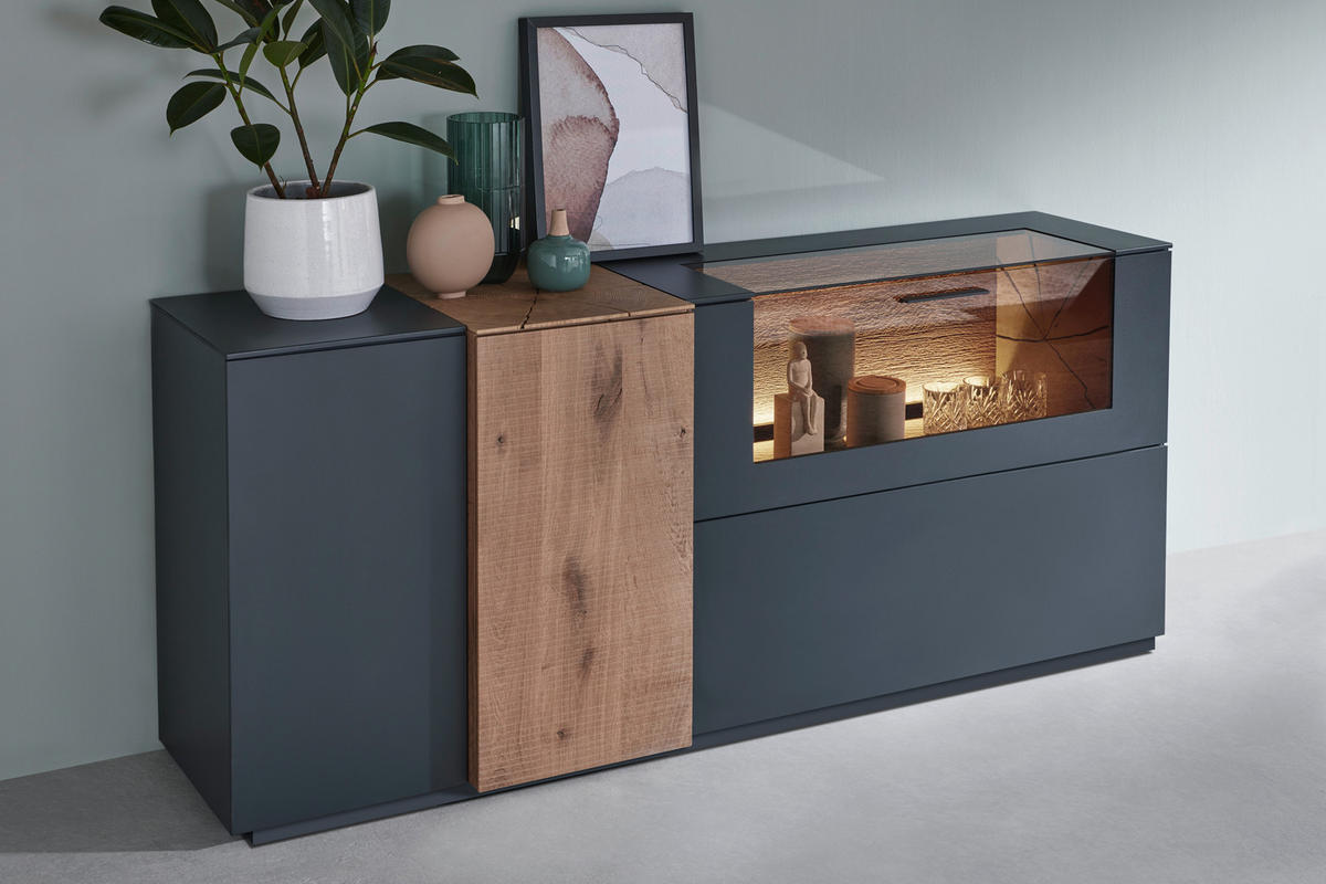 SIDEBOARD 176/81/44 cm  in Anthrazit, Eichefarben  - Eichefarben/Transparent, Natur, Glas/Holz (176/81/44cm) - Valnatura