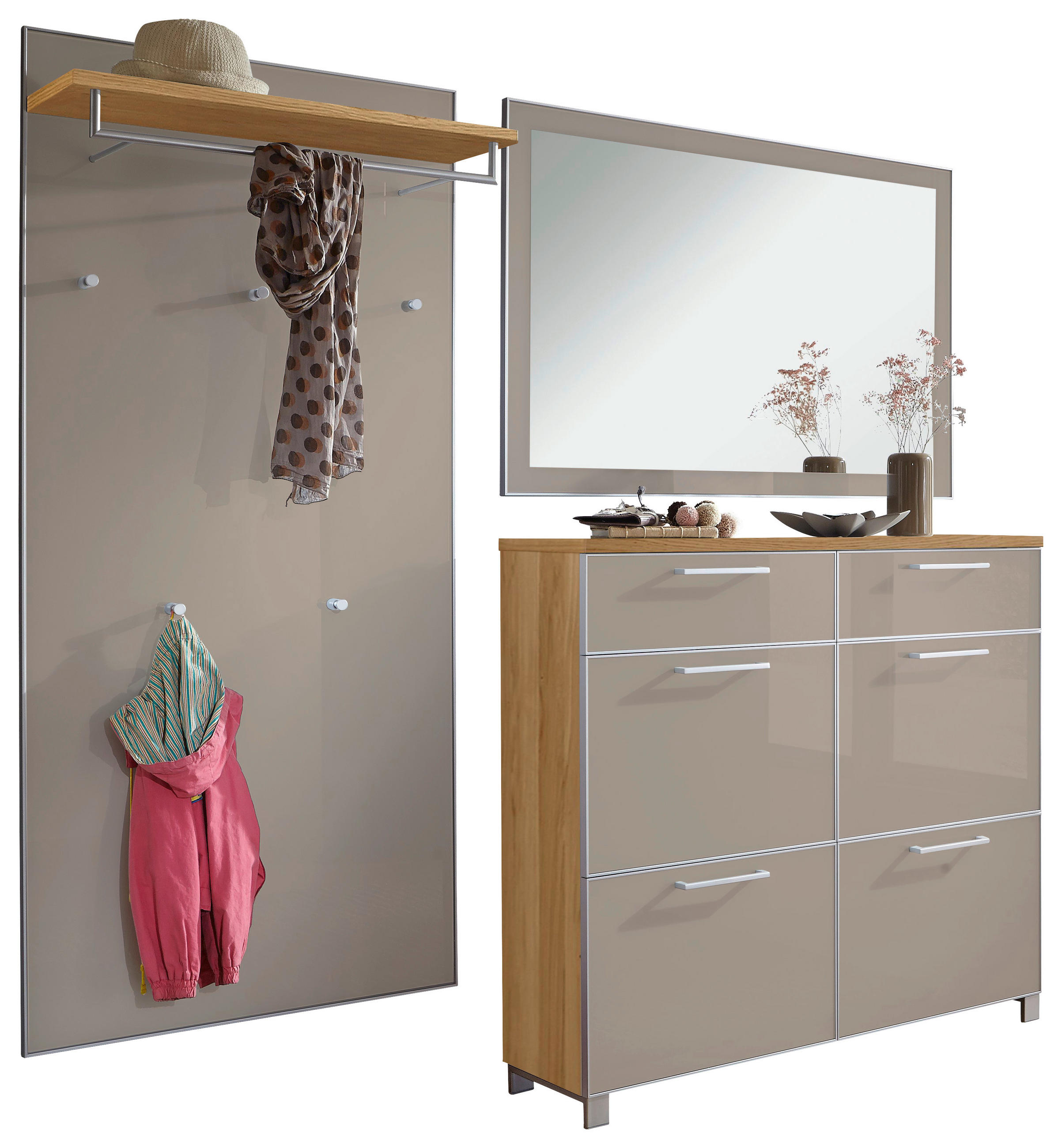 GARDEROBE Taupe, Eichefarben - Taupe/Eichefarben, Design, Glas/Holz (210/195/31cm)