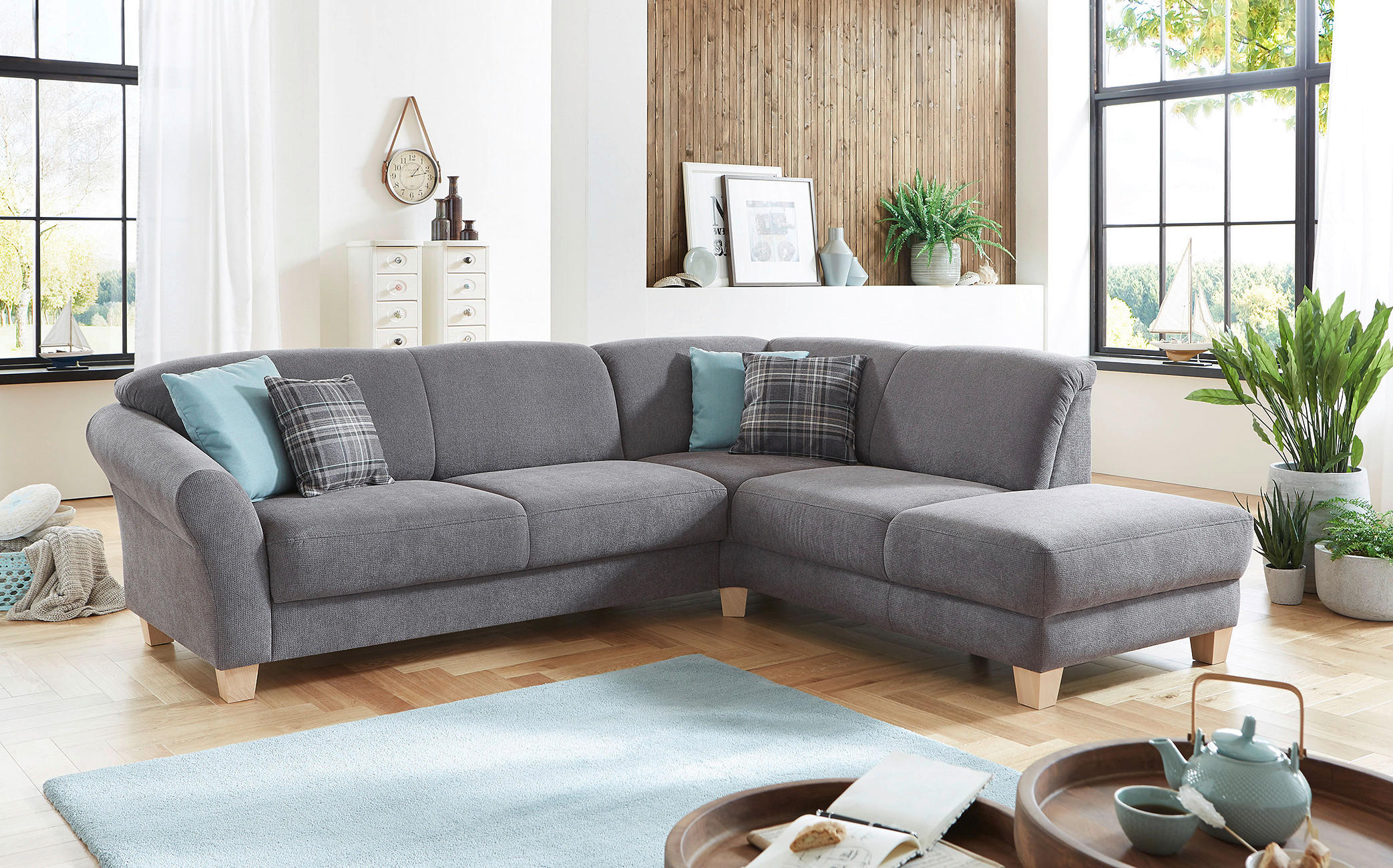 ECKSOFA Grau Flachgewebe Bettkasten, Sitztiefenverstellung  - Naturfarben/Grau, KONVENTIONELL, Holz/Textil (257/212cm) - Sit & More