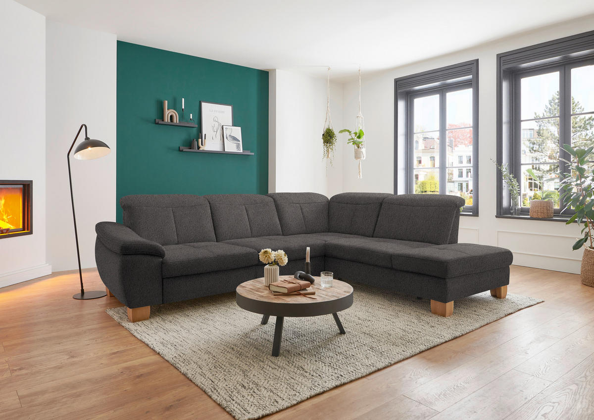 ECKSOFA in Flachgewebe Dunkelbraun  - Wildeiche/Dunkelbraun, Natur, Holz/Textil (301/243cm) - Voleo