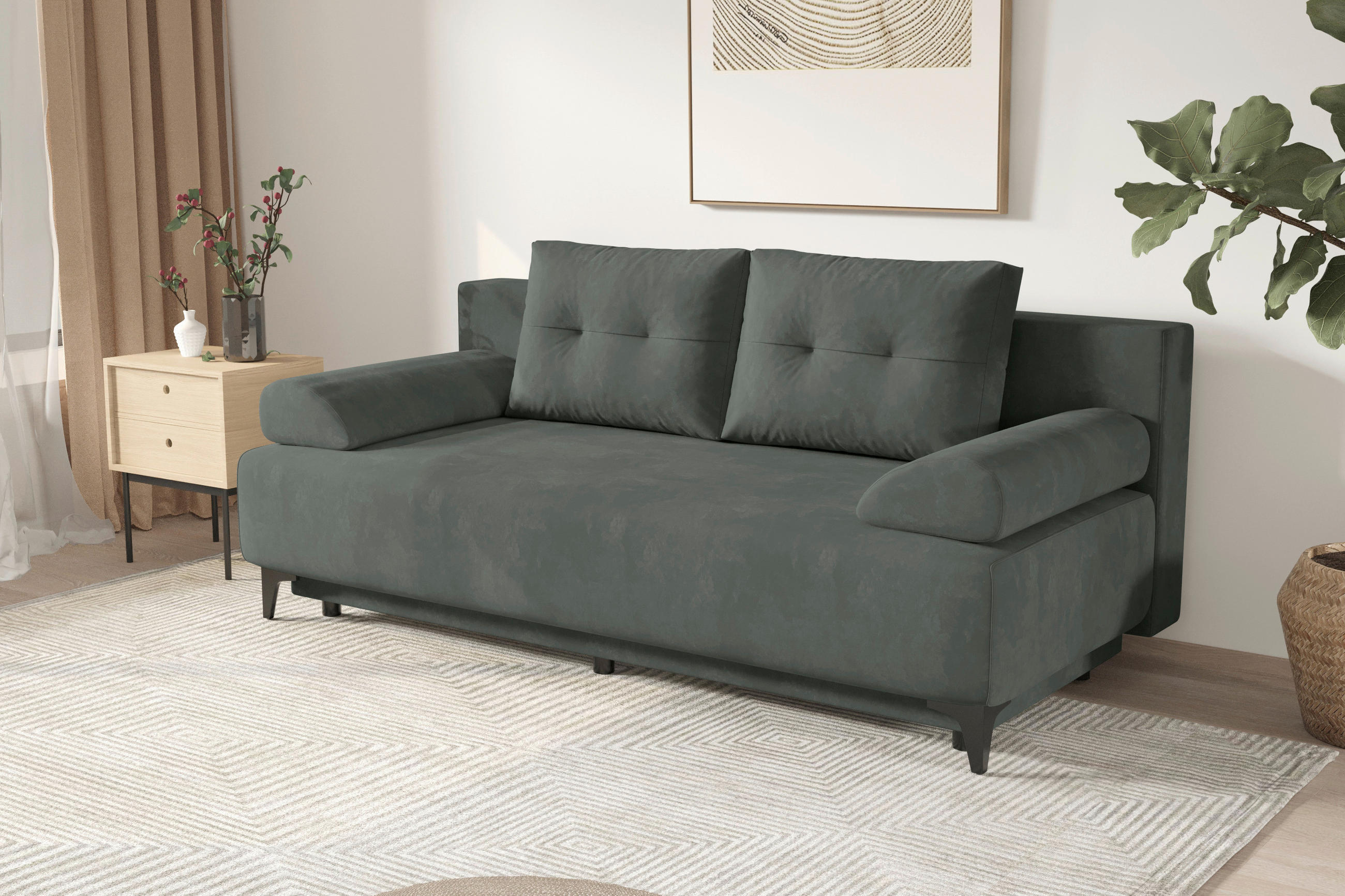 SCHLAFSOFA  mit Liegefunktion Velours Grau  - Schwarz/Grau, KONVENTIONELL, Textil/Metall (200/98/90cm) - Carryhome