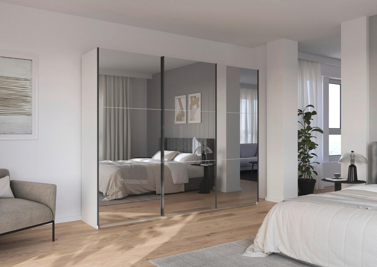 GARDEROB MED SKJUTDÖRRAR 261/210/59 cm,  i vit, 3 dörrar  - vit, Trend, metall/trämaterial (261/210/59cm) - Rauch Möbel