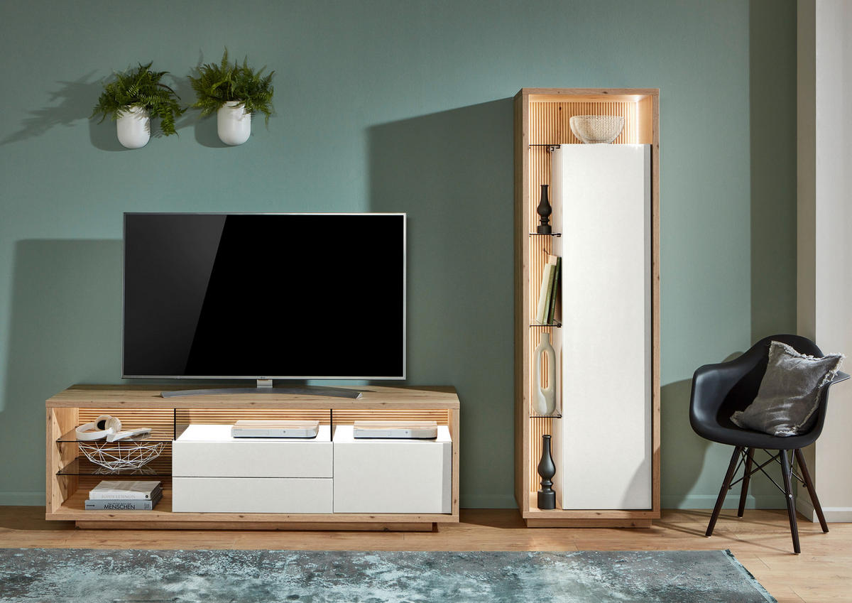 VITRINE Weiss, Eiche Artisan  58/183,5/36 cm  - Weiss/Eiche Artisan, Design, Glas/Holzwerkstoff (58/183,5/36cm) - Stylife