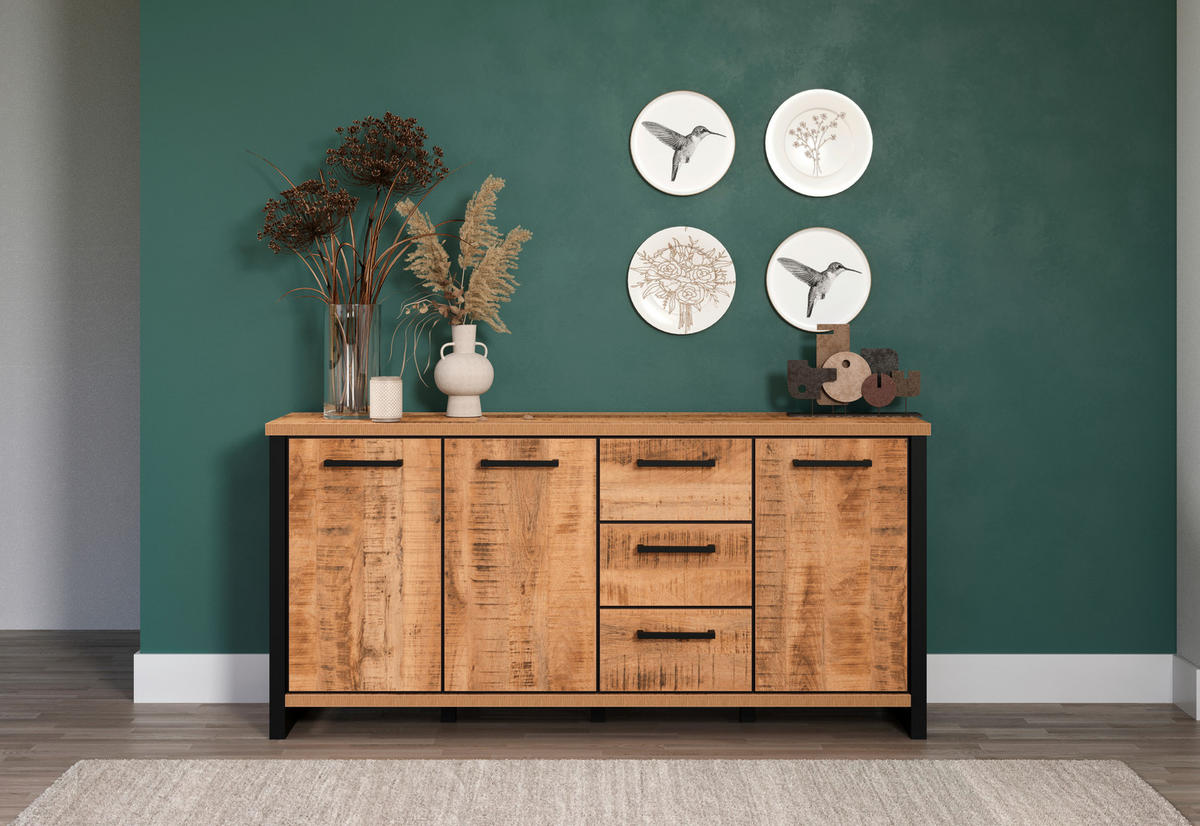 SIDEBOARD Sao Paulo WO 180/86/45 cm 3 Schublade(n)  - Schwarz/Naturfarben, Basics, Holzwerkstoff/Metall (180/86/45cm) - MID.YOU