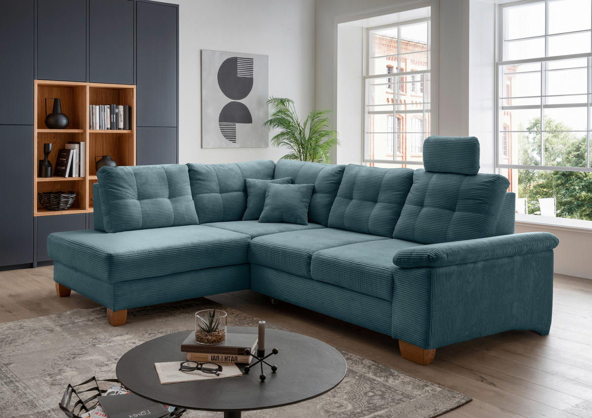 ECKSOFA in Cord Petrol  - Petrol/Naturfarben, Modern, Holz/Textil (206/274cm) - Livetastic