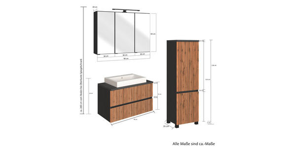 BADEZIMMER  in 130 cm  - Eiche Wotan/Graphitfarben, KONVENTIONELL, Glas/Keramik (130cm) - Xora