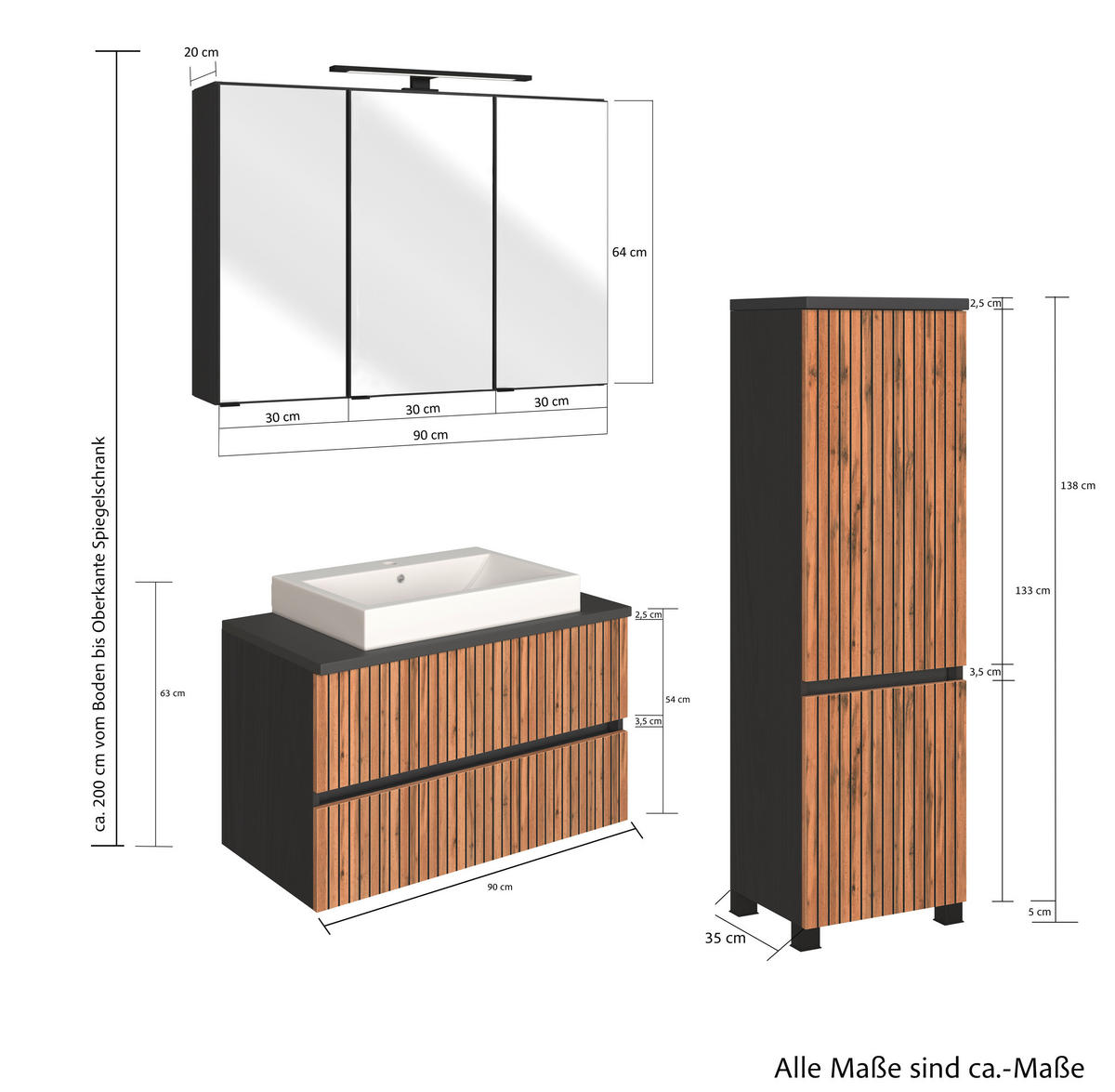 BADEZIMMER  in 130 cm  - Eiche Wotan/Graphitfarben, KONVENTIONELL, Glas/Keramik (130cm) - Xora