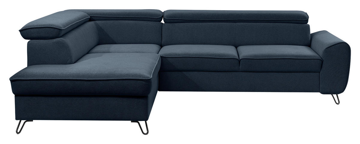 ECKSOFA inkl. Funktion Idylla Dunkelblau Flachgewebe  inkl. Bettkasten, Schlaffunktion, Rücken echt, Kopfstütze  - Schwarz/Dunkelblau, Design, Textil/Metall (200/250cm) - Stylife