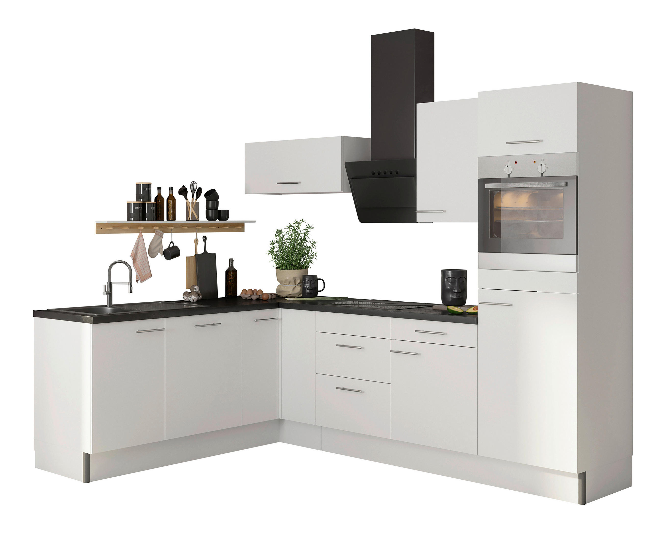 ECKKÜCHE 200/270 cm  in Weiß  - Edelstahlfarben/Anthrazit, Basics, Holzwerkstoff/Metall (200/270cm) - Optifit