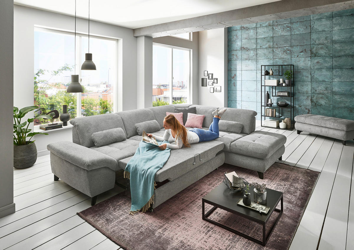 ECKSOFA in Webstoff Grau  - Chromfarben/Grau, Design, Textil/Metall (260/319cm) - Beldomo Style
