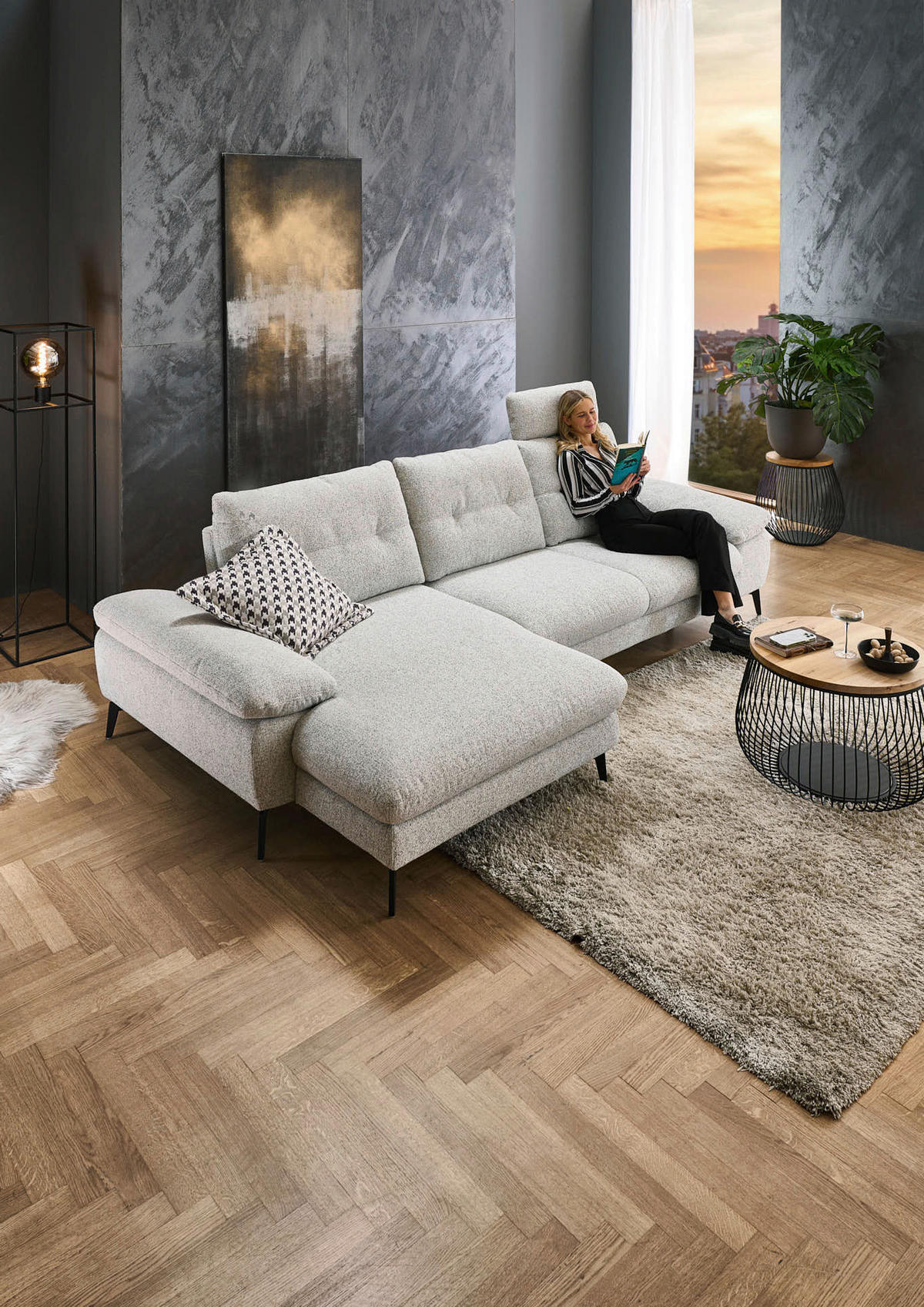 ECKSOFA Hellgrau Flachgewebe  - Hellgrau/Schwarz, Design, Textil/Metall (168/303cm) - Valdera