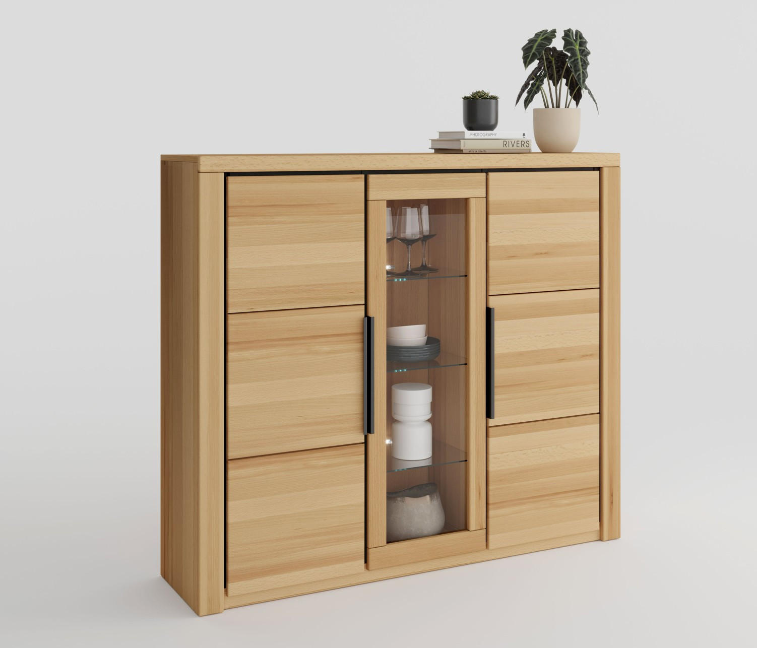 HIGHBOARD Brunei  in 160/141/40 cm  - Buchefarben/Schwarz, Design, Glas/Holz (160/141/40cm) - Livetastic