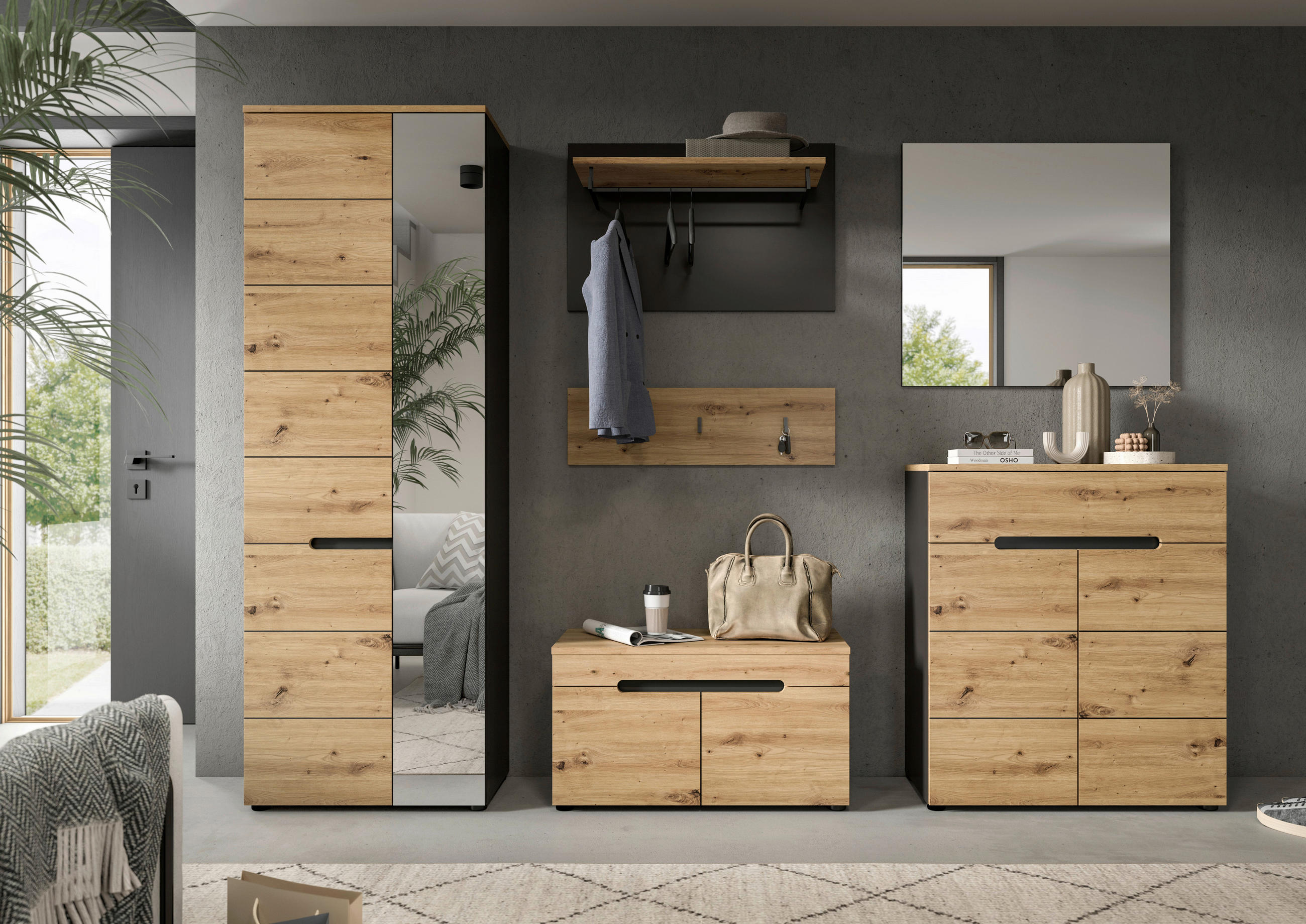 GARDEROBE 5-teilig in 255/190/37 cm - KONVENTIONELL, Glas/Holzwerkstoff (255/190/37cm) - MID.YOU