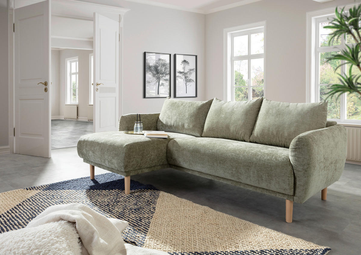 ECKSOFA Olivgrün Flachgewebe  - Buchefarben/Olivgrün, KONVENTIONELL, Holz/Textil (144/230cm) - Carryhome