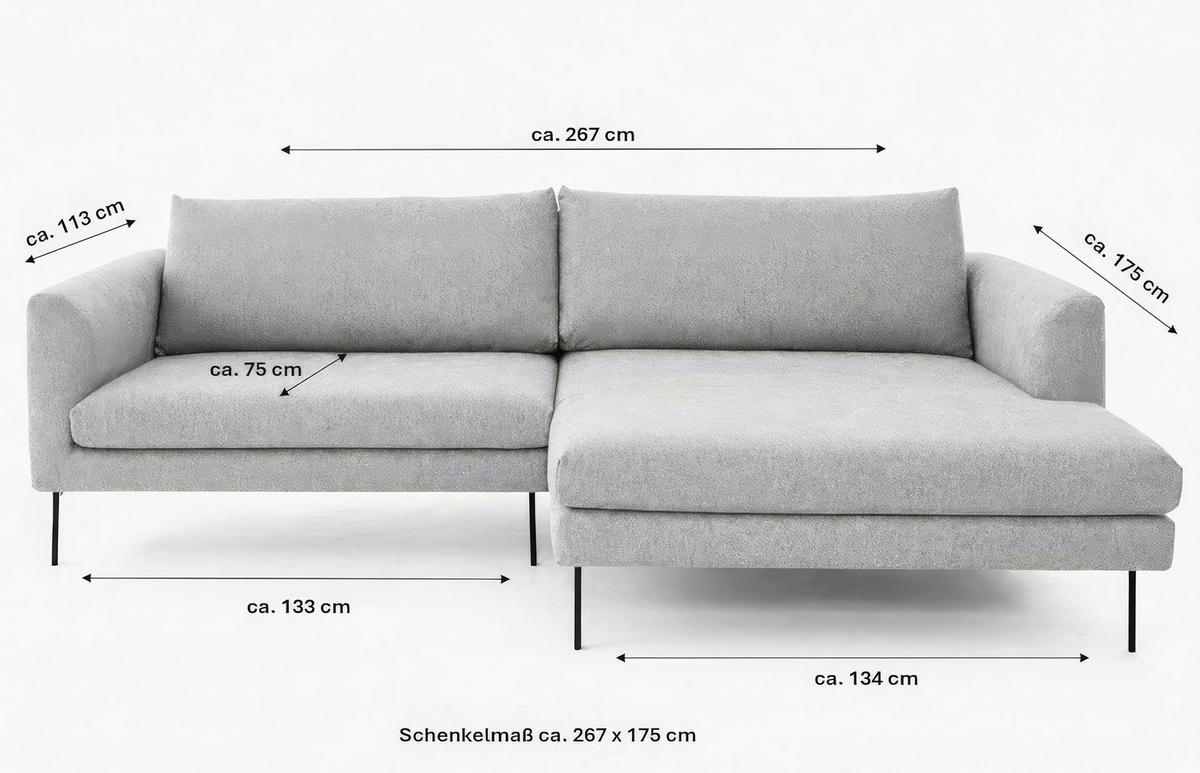 ECKSOFA Ottomane rechts  Dunkelgrün Flachgewebe  - Dunkelgrün/Schwarz, Design, Textil/Metall (267/175cm) - Musterring