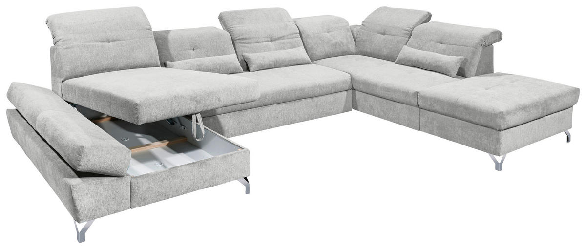 WOHNLANDSCHAFT in Mikrovelours Hellgrau  - Silberfarben/Hellgrau, Modern, Textil/Metall (168/350/245cm) - MID.YOU