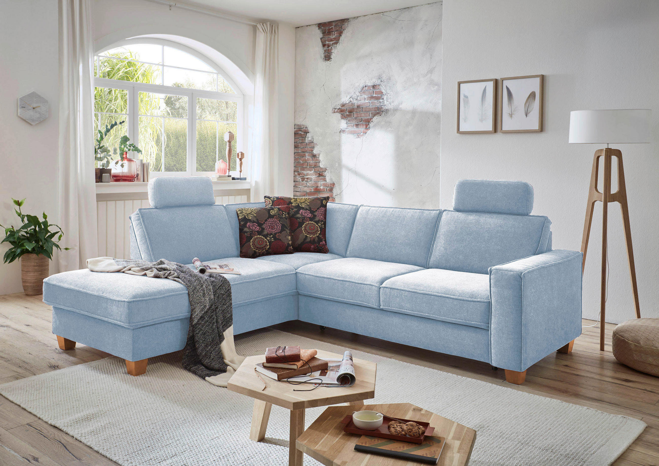 ECKSOFA Hellblau Flachgewebe Kopfstütze  - Eichefarben/Hellblau, KONVENTIONELL, Holz/Textil (213/236cm) - Sit & More