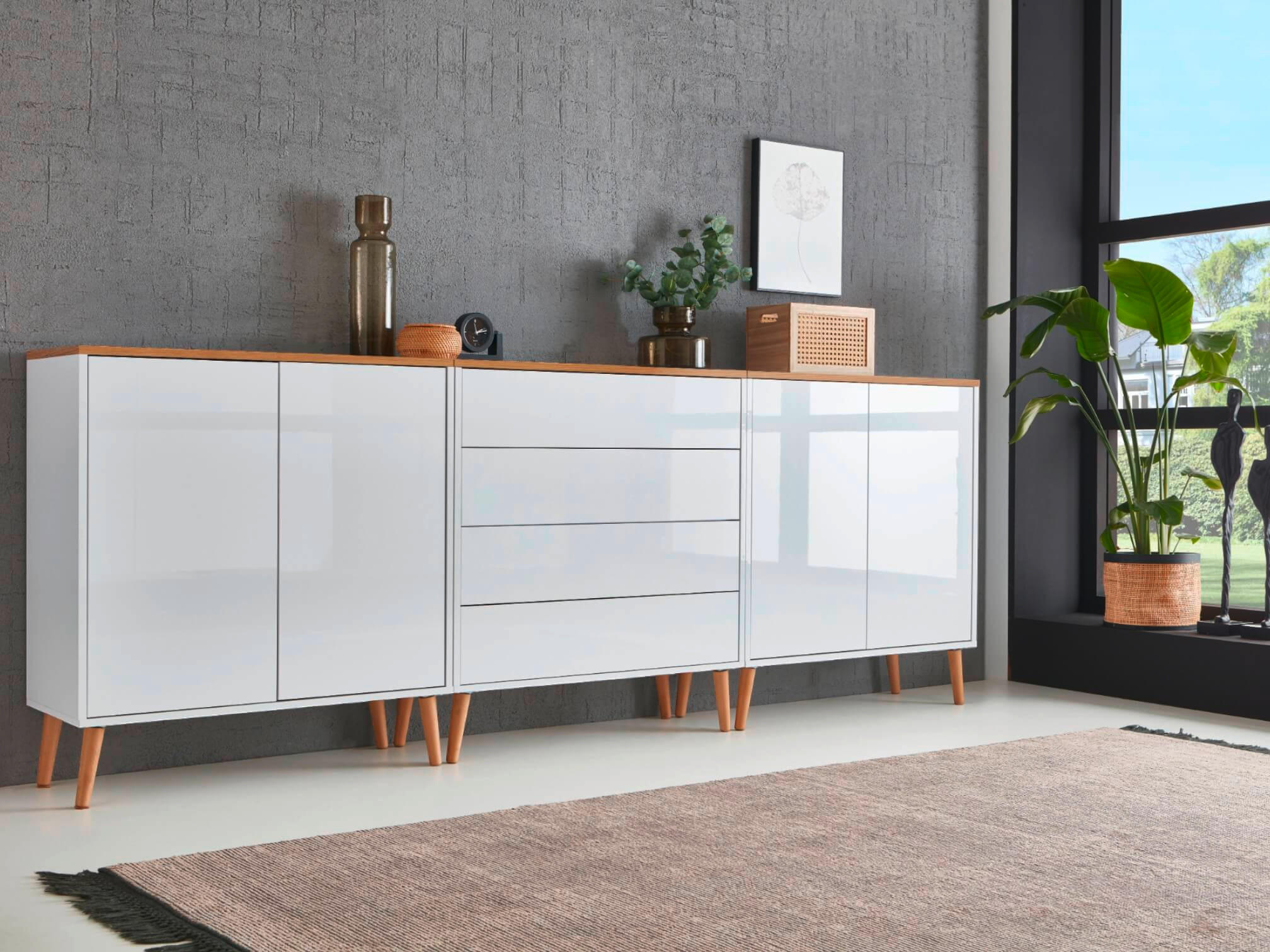 SIDEBOARD Mailand Set 5 + HF  in 237/86/33 cm  - Weiß Hochglanz/Eiche Artisan, MODERN, Holz/Holzwerkstoff (237/86/33cm) - MID.YOU