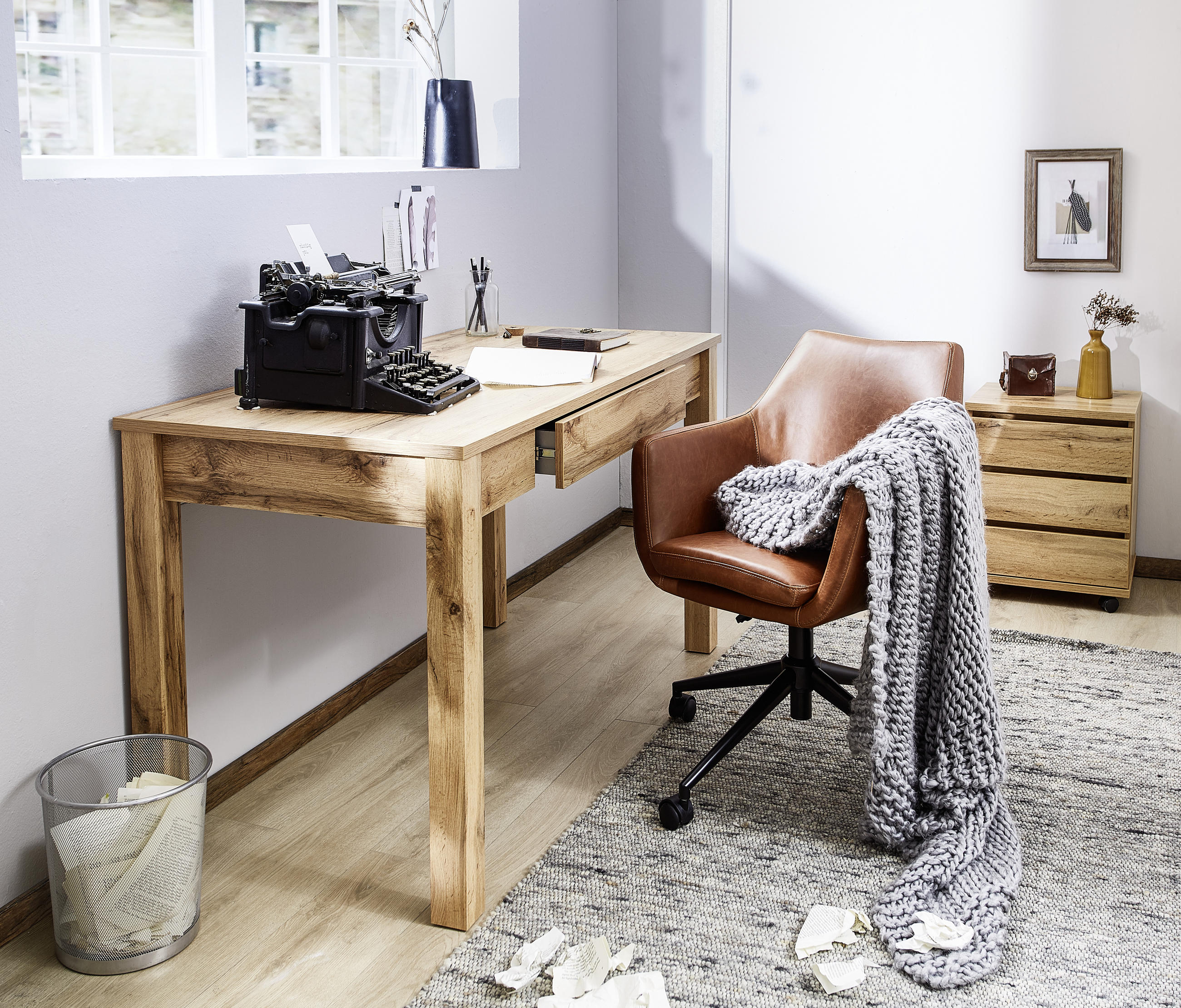 Thumbnail - Hom`in Schreibtisch, Eiche Wotan, 1 Schublade(n) Schubladen, rechteckig, eckig, 67x78x138 cm, Arbeitszimmer, Schreibtisc...