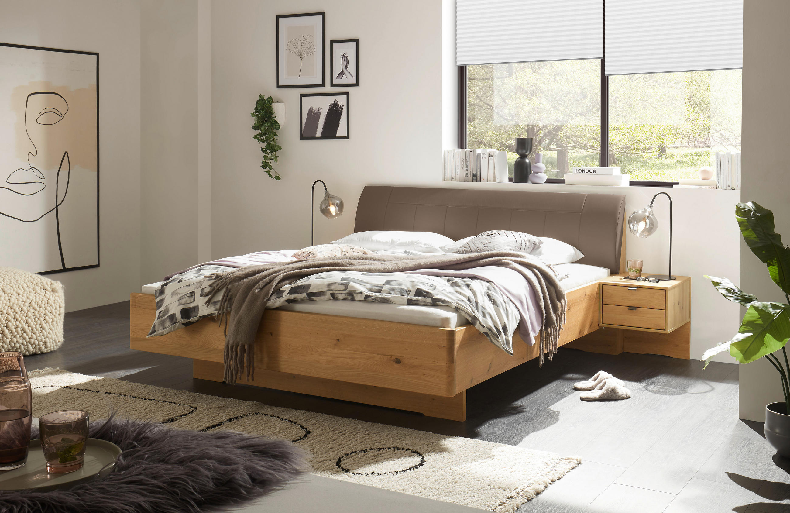 POSTELJA 180 cm   x 200 cm  , tekstil, leseni material temno rjava, hrast bianco  - temno rjava/hrast bianco, Konvencionalno, tekstil/leseni material (180/200cm) - Linea Natura