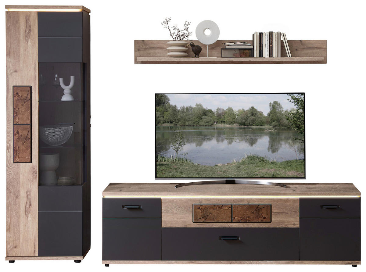 WOHNWAND  in Graphitfarben, Eichefarben  275/202/47 cm  - Eichefarben/Graphitfarben, MODERN, Glas/Holzwerkstoff (275/202/47cm) - Stylife