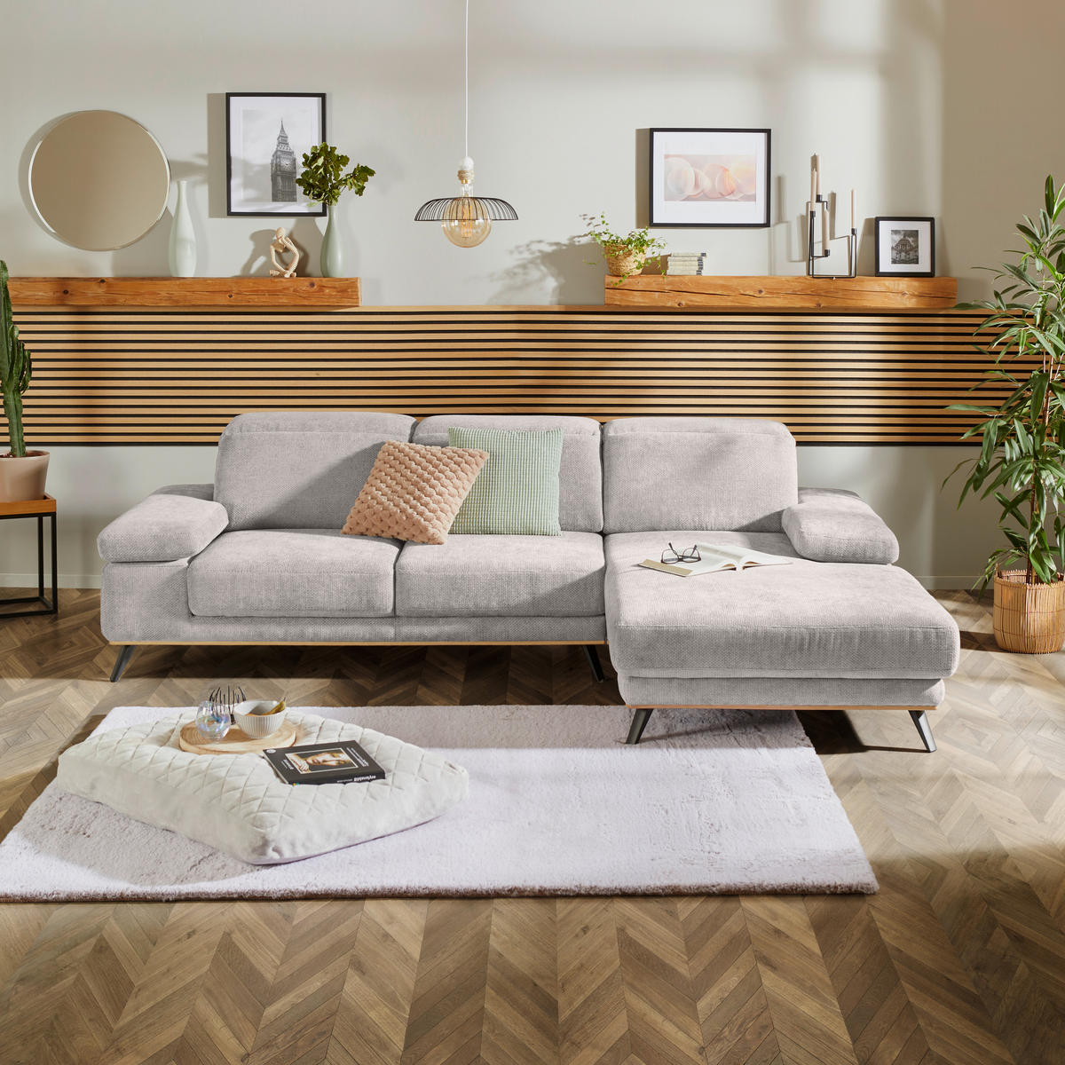 ECKSOFA ROYCE Perlmutt Struktur  - Perlmutt/Schwarz, MODERN, Textil/Metall (283/194cm) - MID.YOU