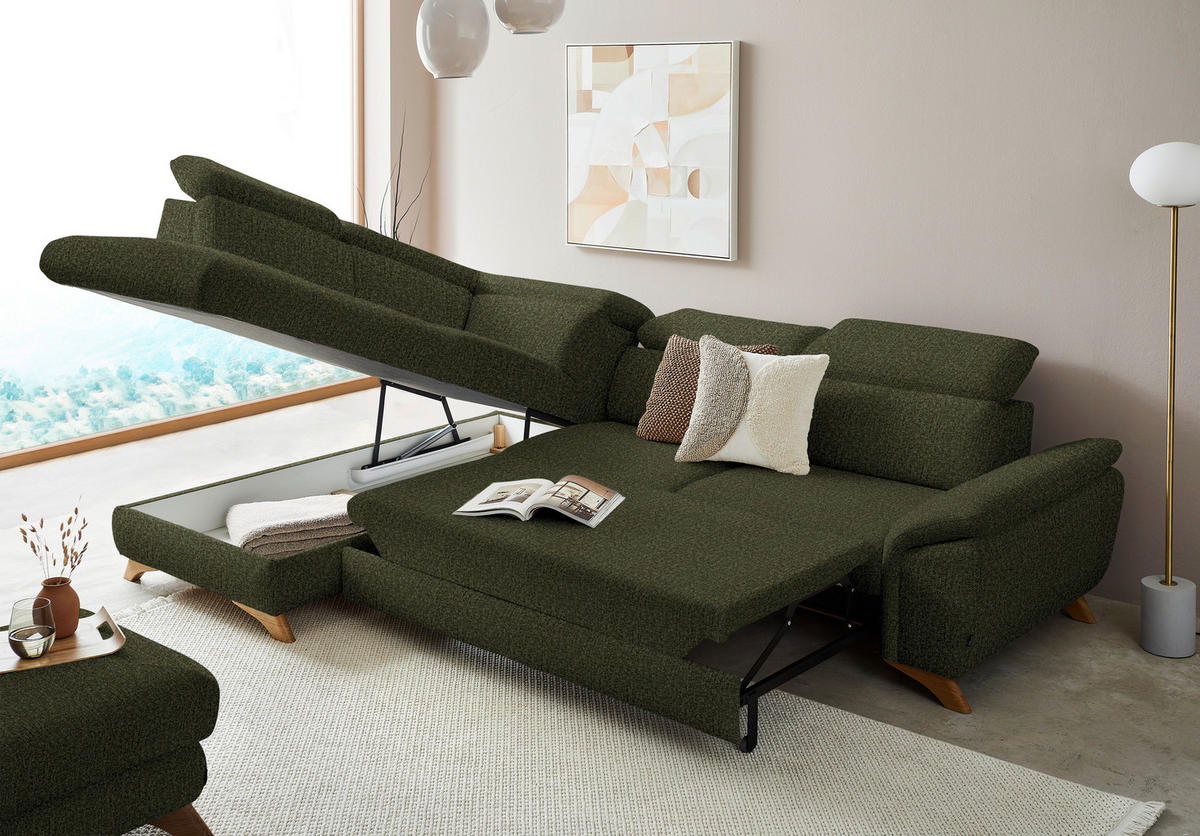 ECKSOFA in Chenille Olivgrün  - Eichefarben/Olivgrün, Modern, Holz/Textil (212/287cm) - Valnatura