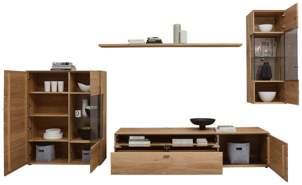WOHNWAND  in Eichefarben  332,7/202,4/54,5 cm  - Edelstahlfarben/Eichefarben, KONVENTIONELL, Glas/Holz (332,7/202,4/54,5cm) - Valnatura
