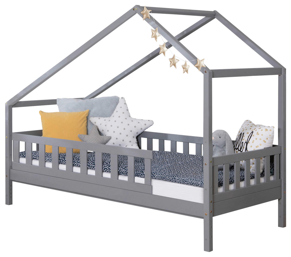 HAUSBETT 120/200 cm,  in Hellgrau, Absturzsicherung, Matratze, Rollrost  - Hellgrau/Weiß, MODERN, Holz/Textil (120/200cm) - MID.YOU