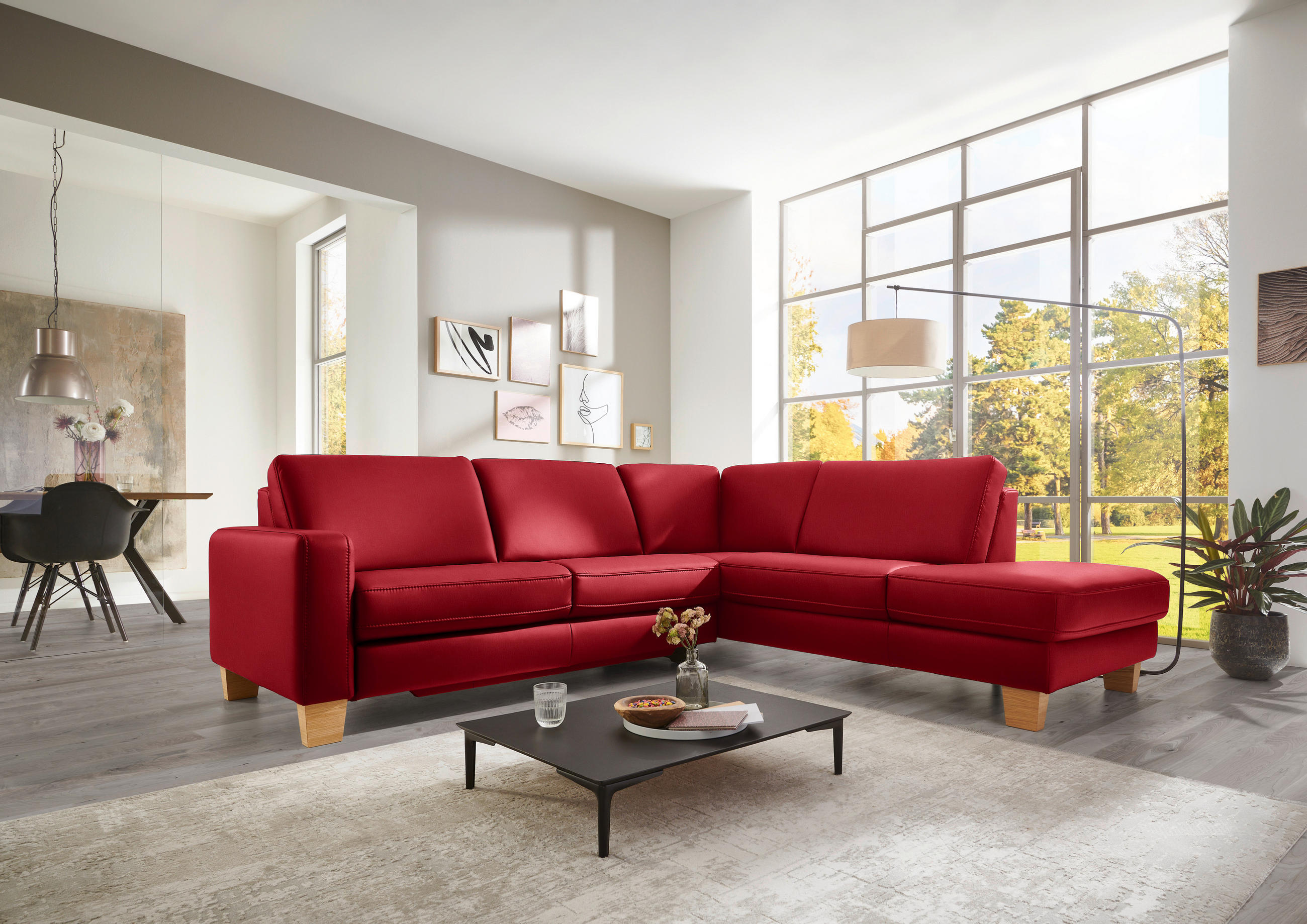 ECKSOFA in Echtleder Rot  - Eiche Bianco/Rot, Konventionell, Leder/Holz (257/235cm) - Valdera