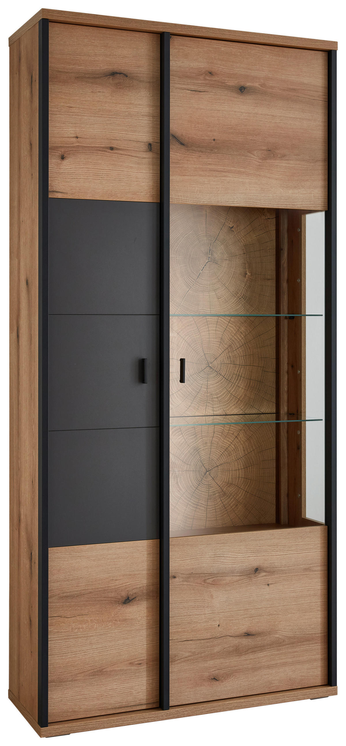 VITRINE  in Schwarz, Eichefarben, Dunkelgrau - Eichefarben/Dunkelgrau, KONVENTIONELL, Glas/Holzwerkstoff (97,4/208,8/38cm) - Xora