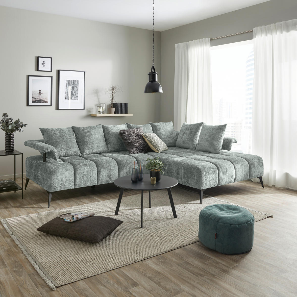 ECKSOFA VANESSA Grau Flachgewebe  - Schwarz/Grau, MODERN, Kunststoff/Textil (297/200cm) - Livetastic